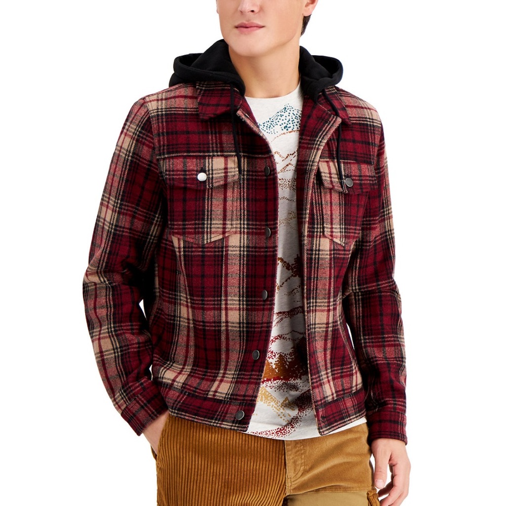 NWT Sun + Stone Hooded Wool Blend Plaid Trucker Jacket Small
